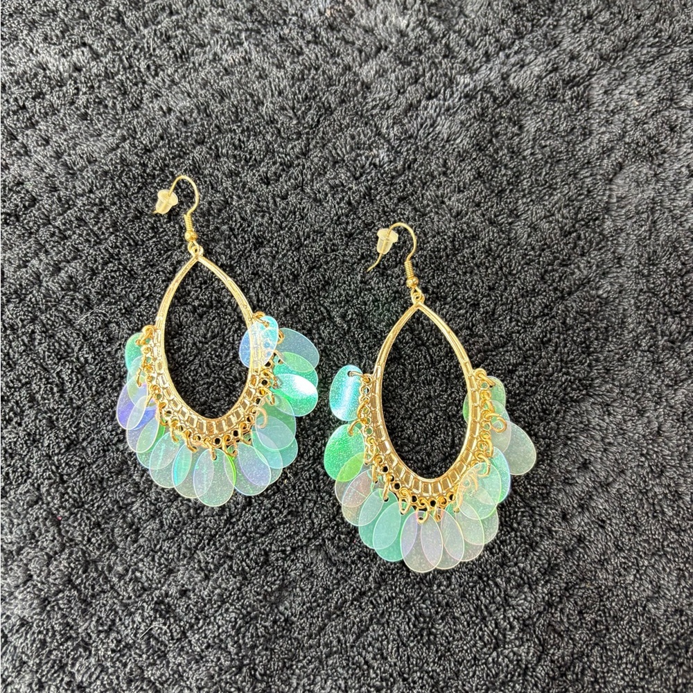 Gold Teardrop Earrings with Iridescent Petal Accents